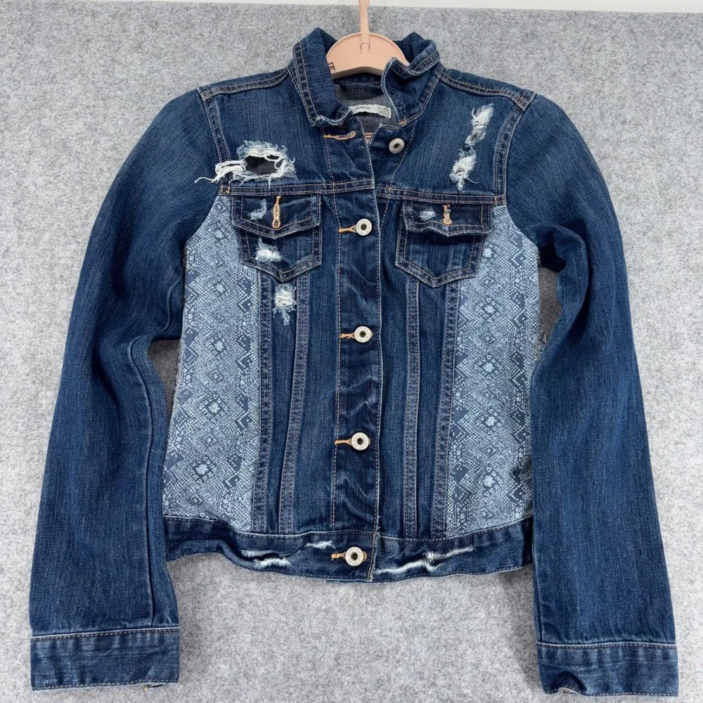 Abercrombie Kids Distressed Denim Jacket Blue Geometric Pattern XL 16 Trucker